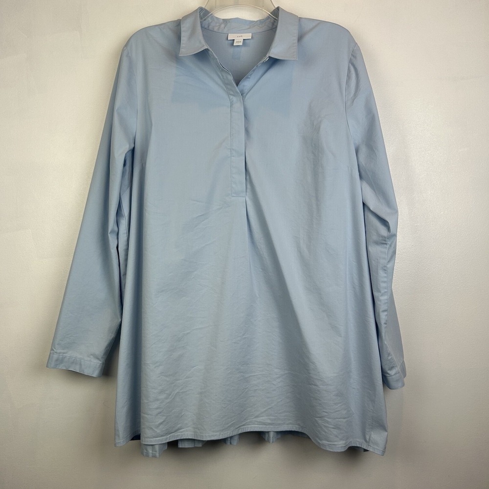 J Jill Top Womans L Light Blue Half Button Tunic Top Blouse Collar Lagenlook